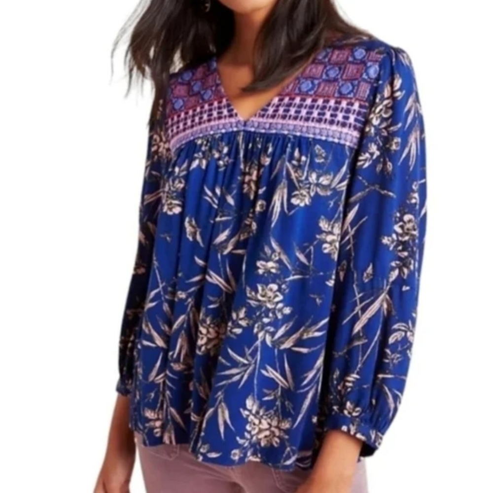 by Anthropologie Indigo Floral Peasant Top Embroidered Sz XL